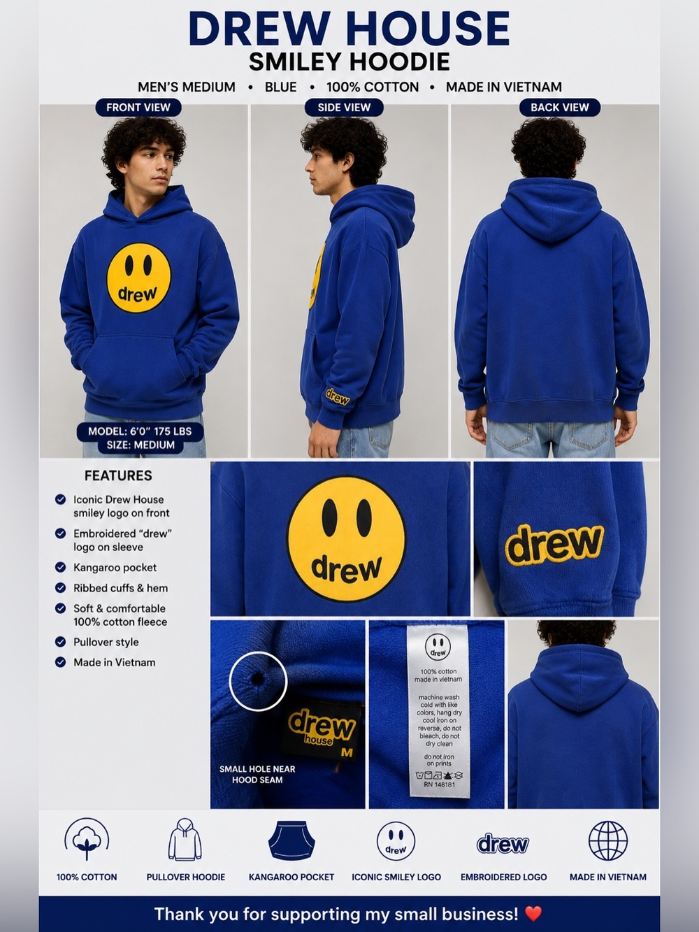 Drew House Smiley Hoodie Men's Medium Blue Yellow Logo Pullover 100% Cotton